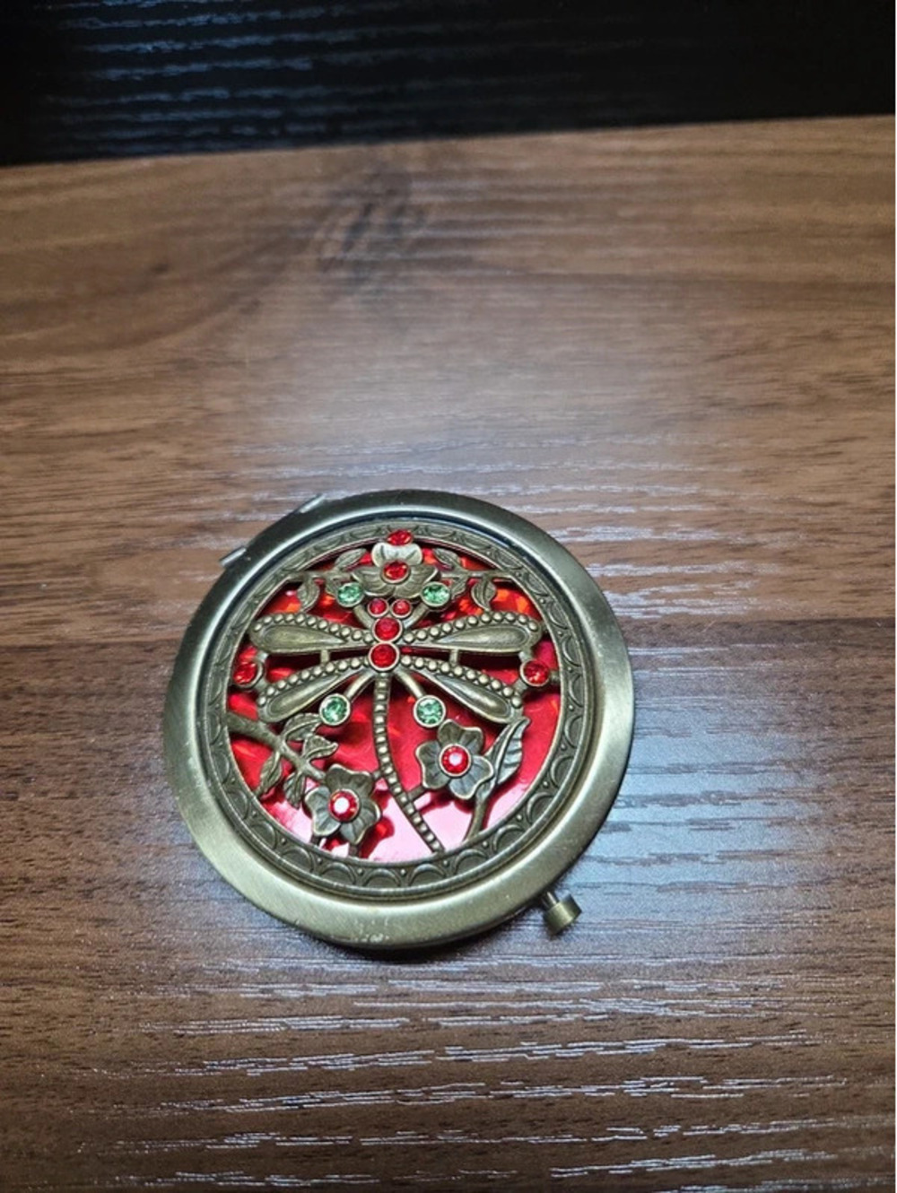 Metal Vintage Style Bronze Jeweled Dragonfly Compact Mirror